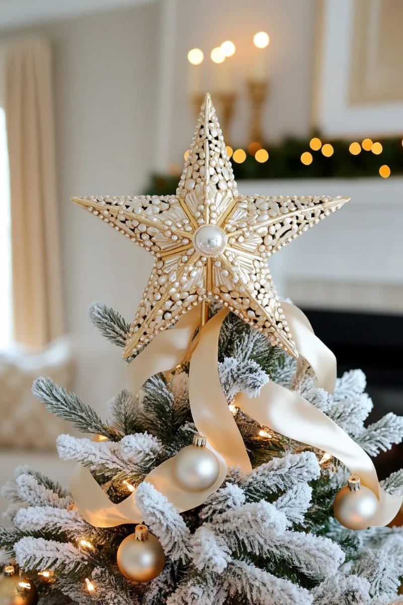 23 Elegant Christmas Decor Ideas You’ve Never Seen Before 64 elegant gold star topper with trailing silk ribbons on a snowy tree 1