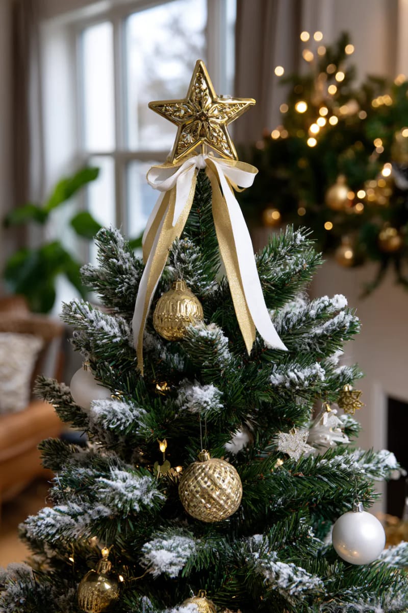 23 Elegant Christmas Decor Ideas You’ve Never Seen Before 69 elegant gold star topper with trailing silk ribbons on a snowy tree 1