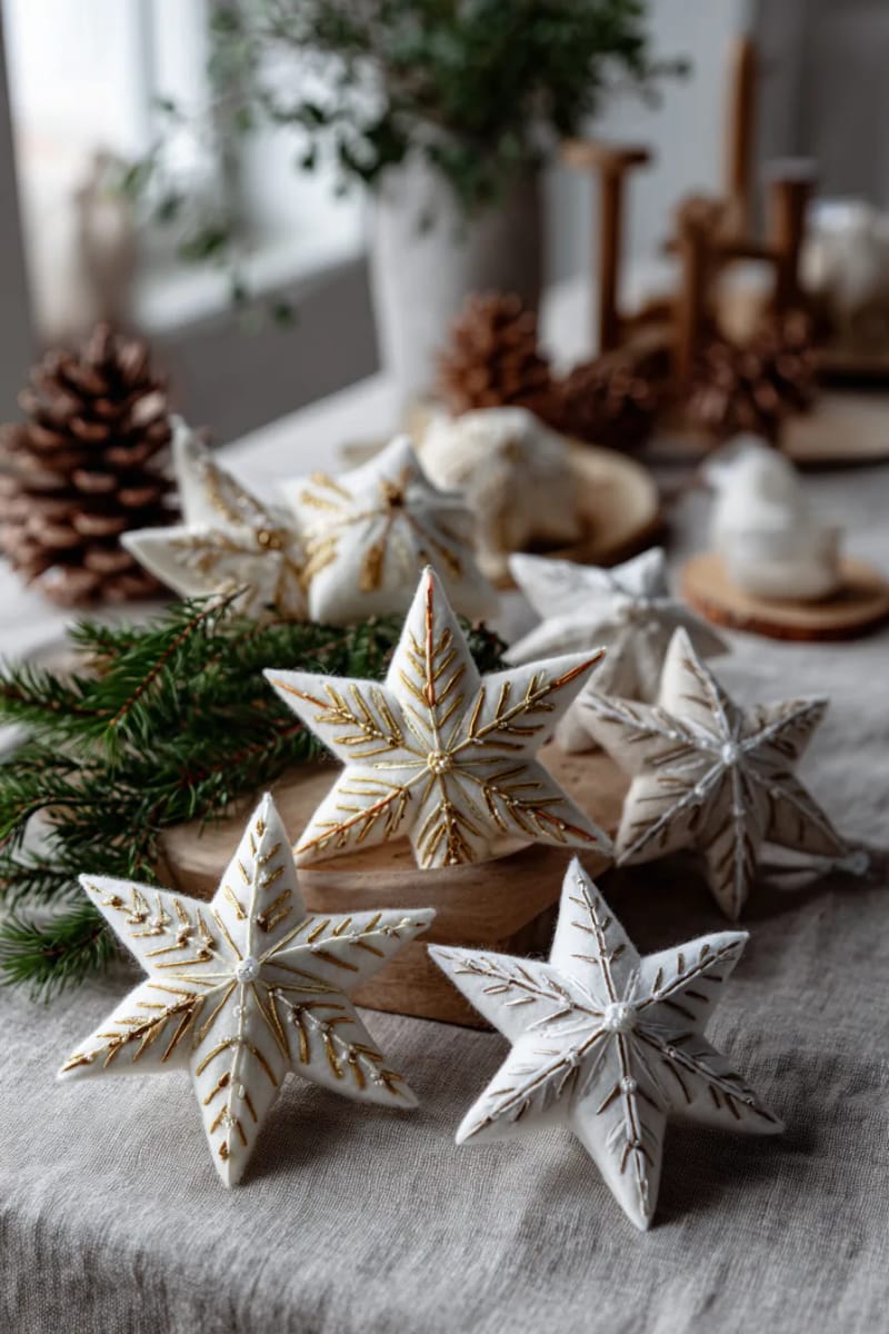 embroidered felt stars in white and cream for neutral christmas decor 1