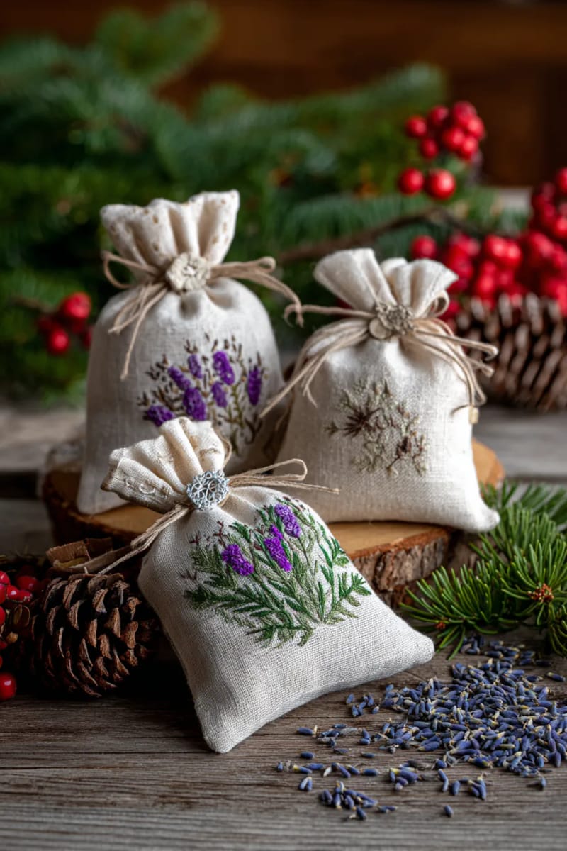embroidered linen sachets filled with lavender or cedar shavings 1