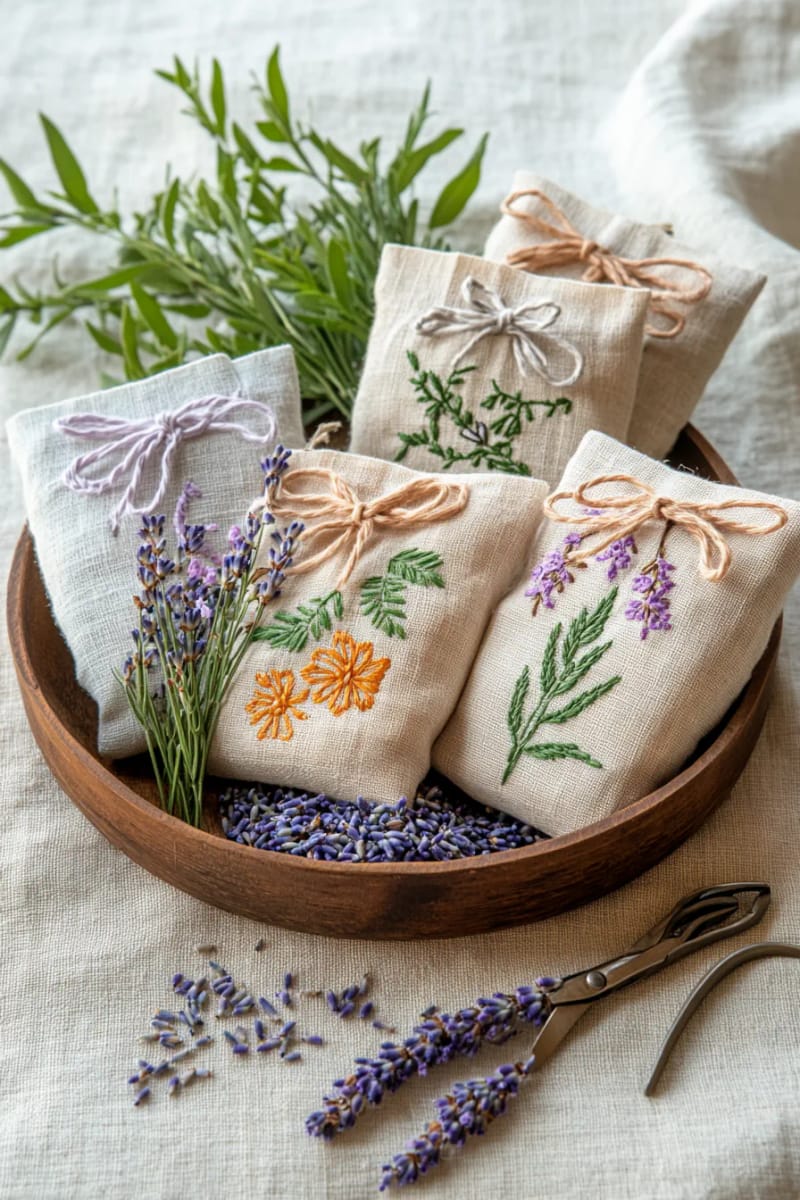 embroidered linen sachets filled with lavender or cedar shavings 1