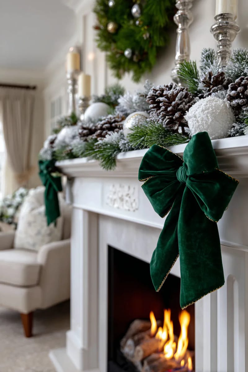 25 Green Christmas Fireplace Decor Ideas for a Fresh and Festive Mantel 7 emerald green velvet ribbon bows nestled among frosted pine boughs 1