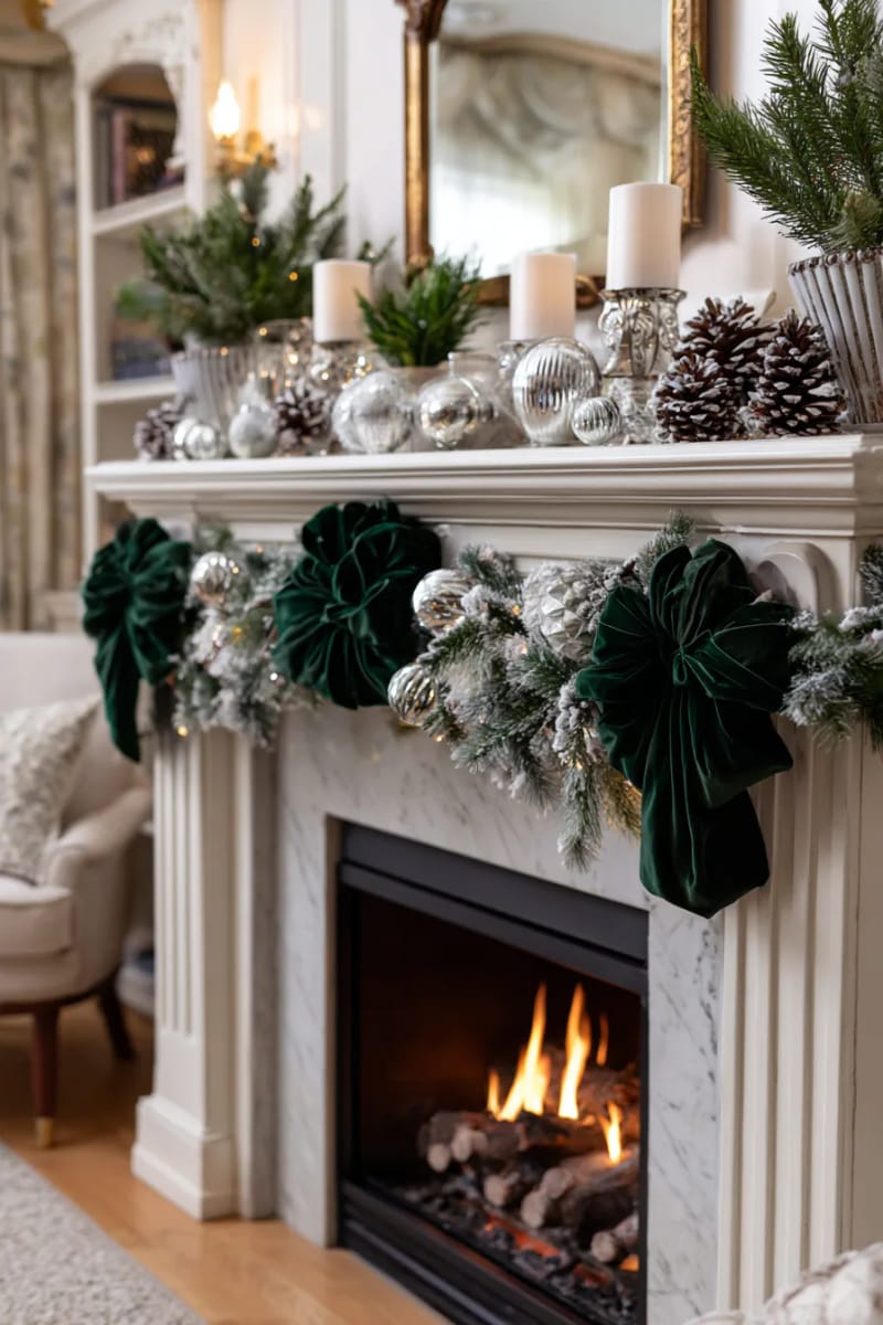 25 Green Christmas Fireplace Decor Ideas for a Fresh and Festive Mantel 8 emerald green velvet ribbon bows nestled among frosted pine boughs 1