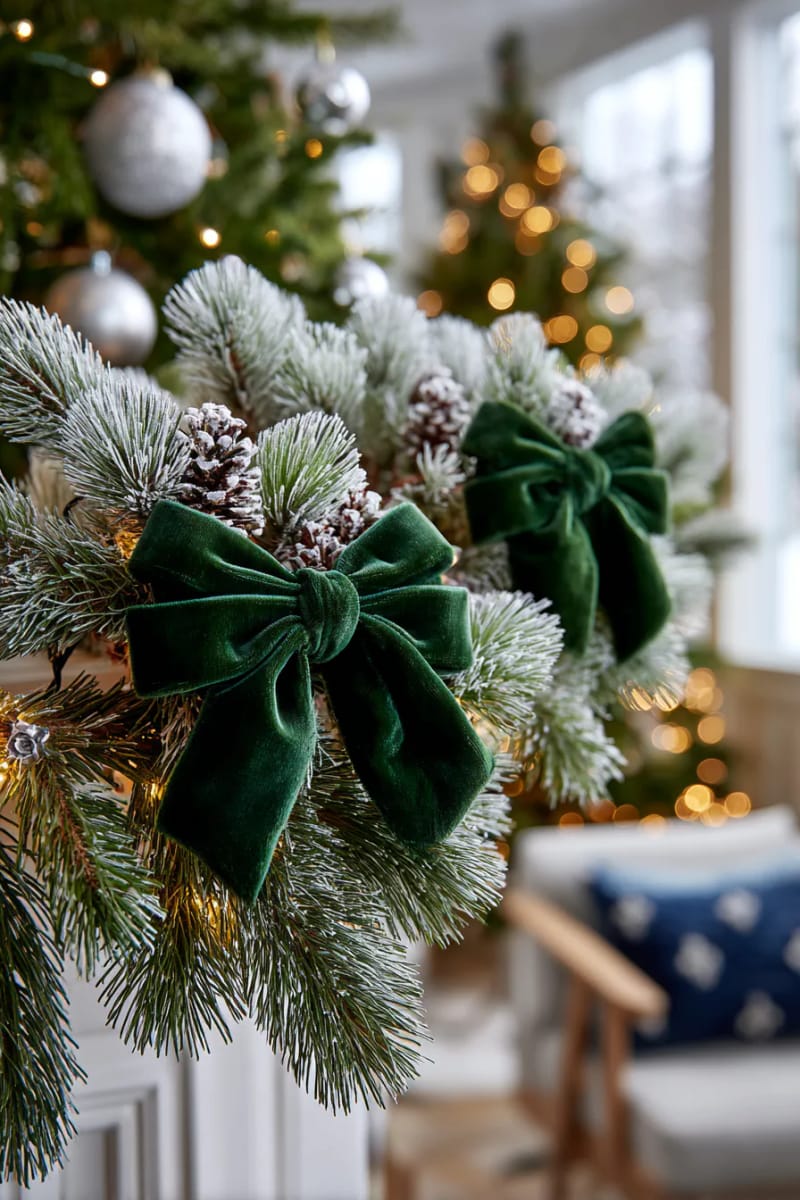 25 Green Christmas Fireplace Decor Ideas for a Fresh and Festive Mantel 9 emerald green velvet ribbon bows nestled among frosted pine boughs 1