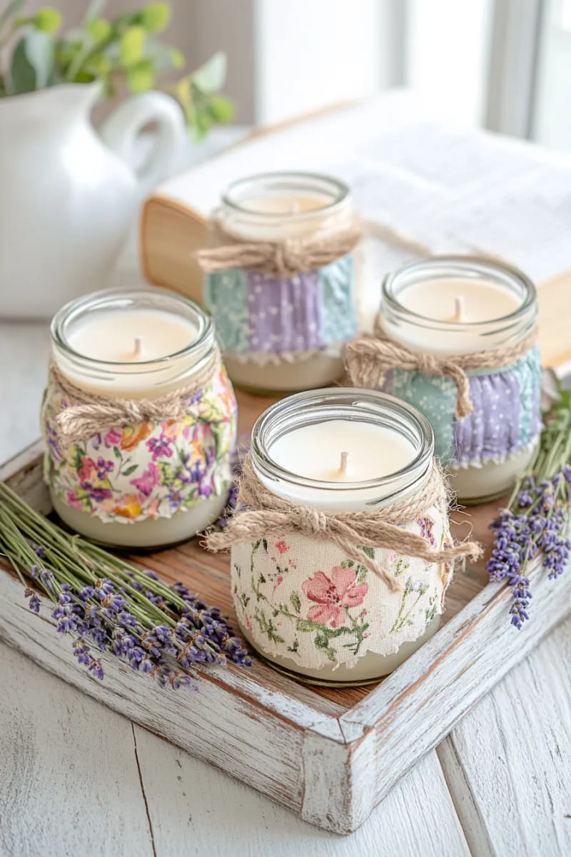 fabric-wrapped soy candles in upcycled glass jars with botanical accents 1