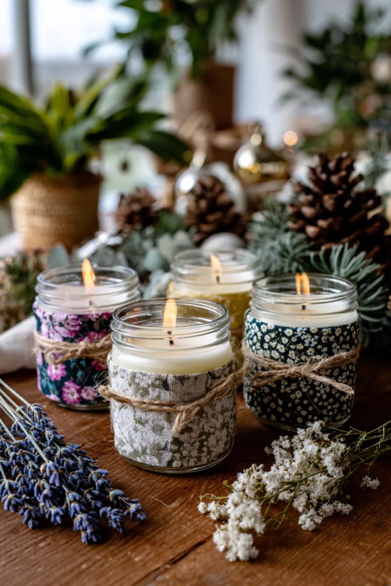 fabric-wrapped soy candles in upcycled glass jars with botanical accents 1