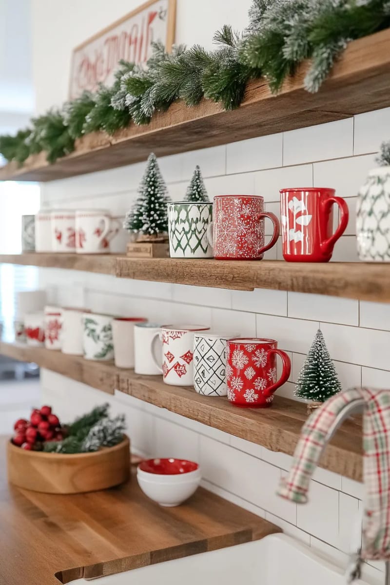 farmhouse kitchen shelf lined with rustic holiday mugs and greenery 1