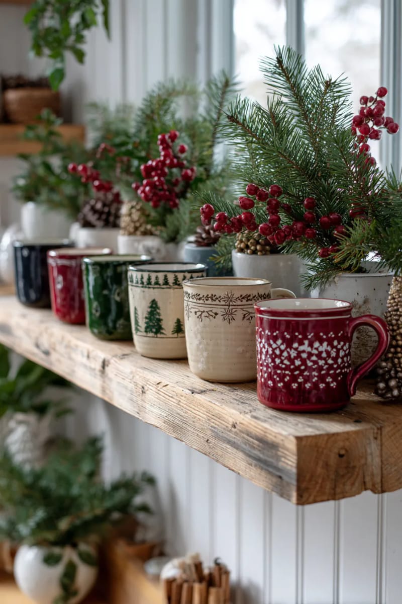 farmhouse kitchen shelf lined with rustic holiday mugs and greenery 1