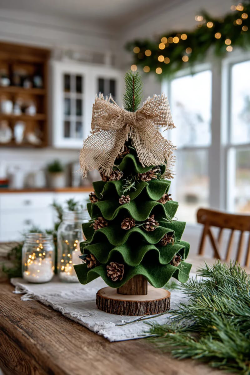 farmhouse-style felt tree with burlap bow and mini pinecones 1