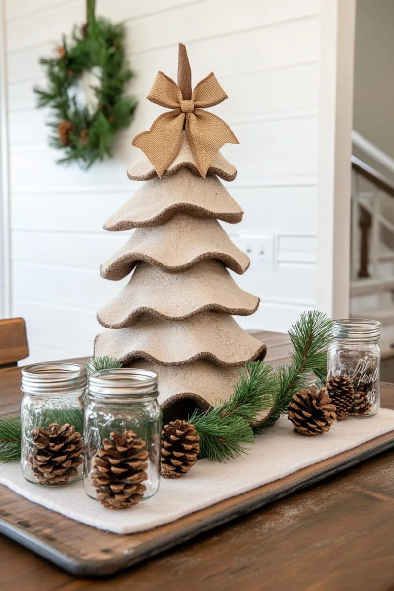 farmhouse-style felt tree with burlap bow and mini pinecones 1