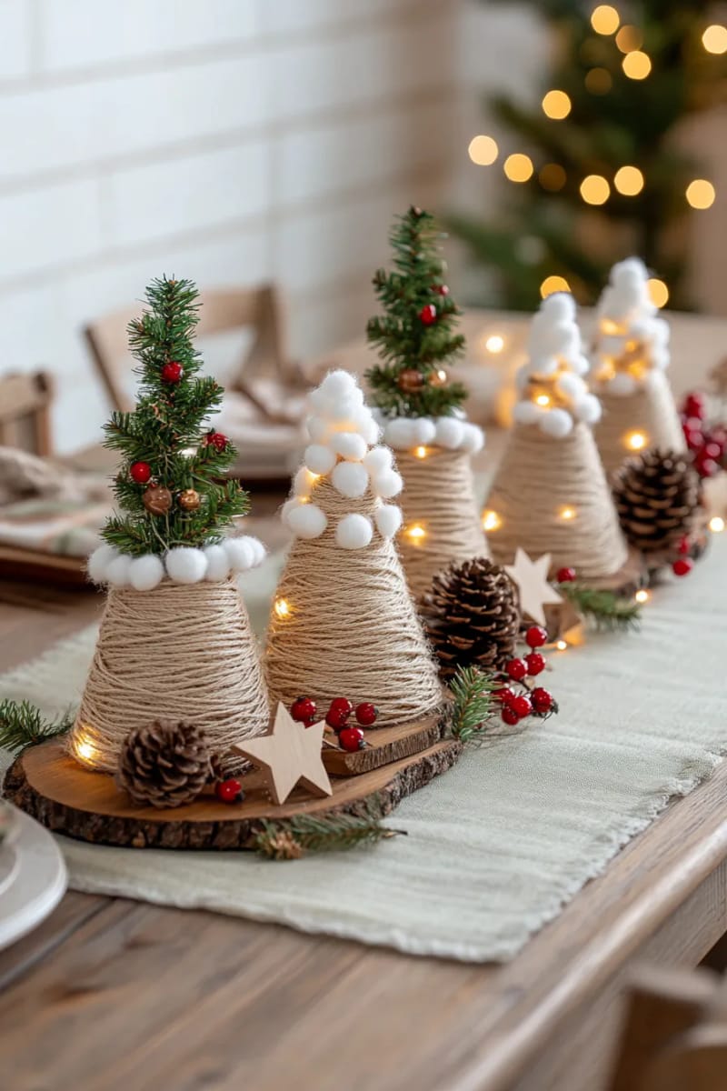 farmhouse-style twine-wrapped christmas trees with pom-pom trim 1
