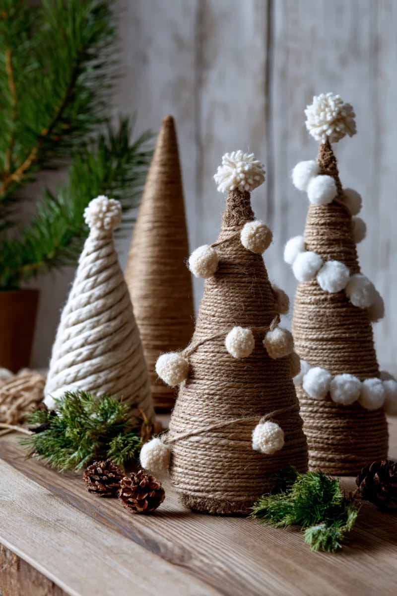 farmhouse-style twine-wrapped christmas trees with pom-pom trim 1