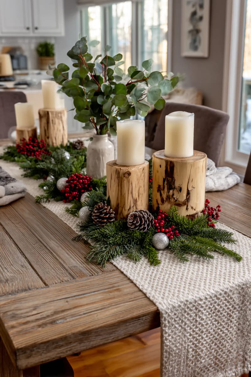 farmhouse table runner with greenery and wooden candle holders 1
