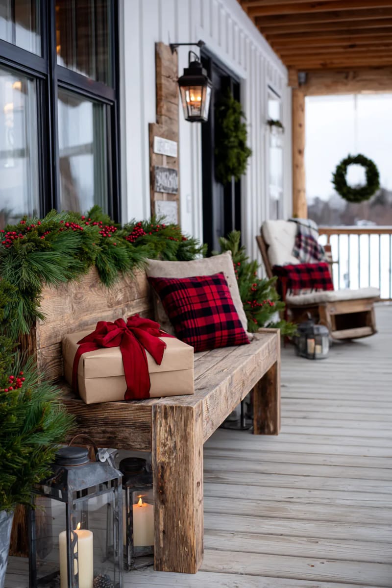 faux gift boxes wrapped in brown paper and red bows on the porch 1