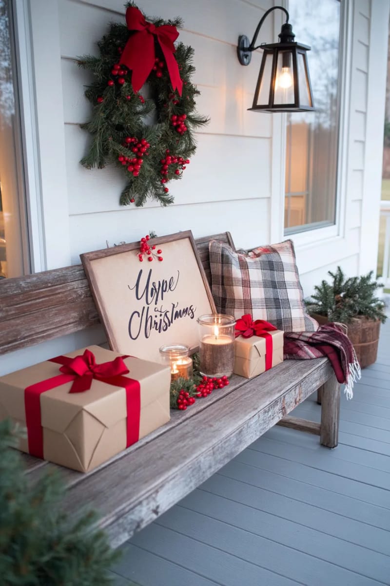 faux gift boxes wrapped in brown paper and red bows on the porch 1