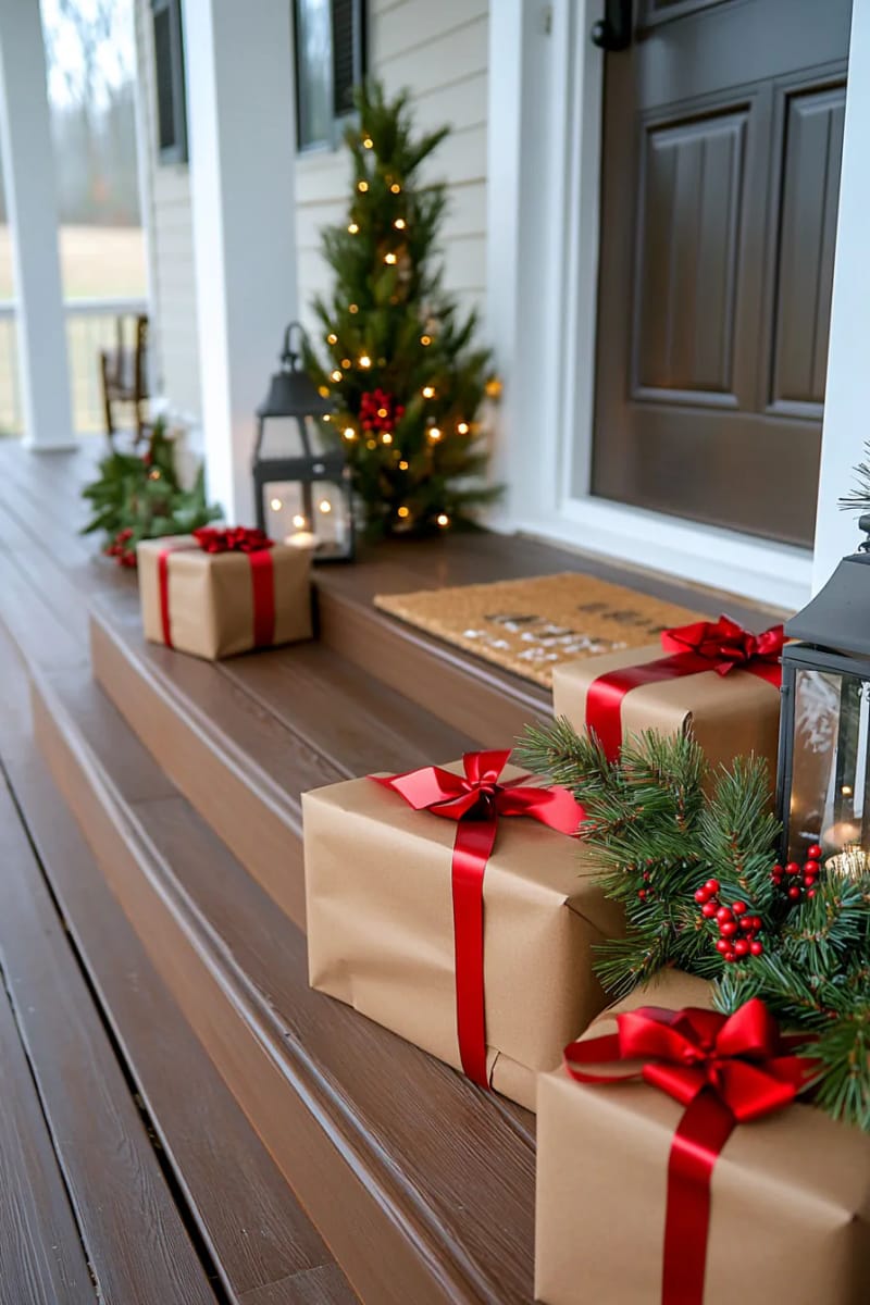 faux gift boxes wrapped in brown paper and red bows on the porch 1