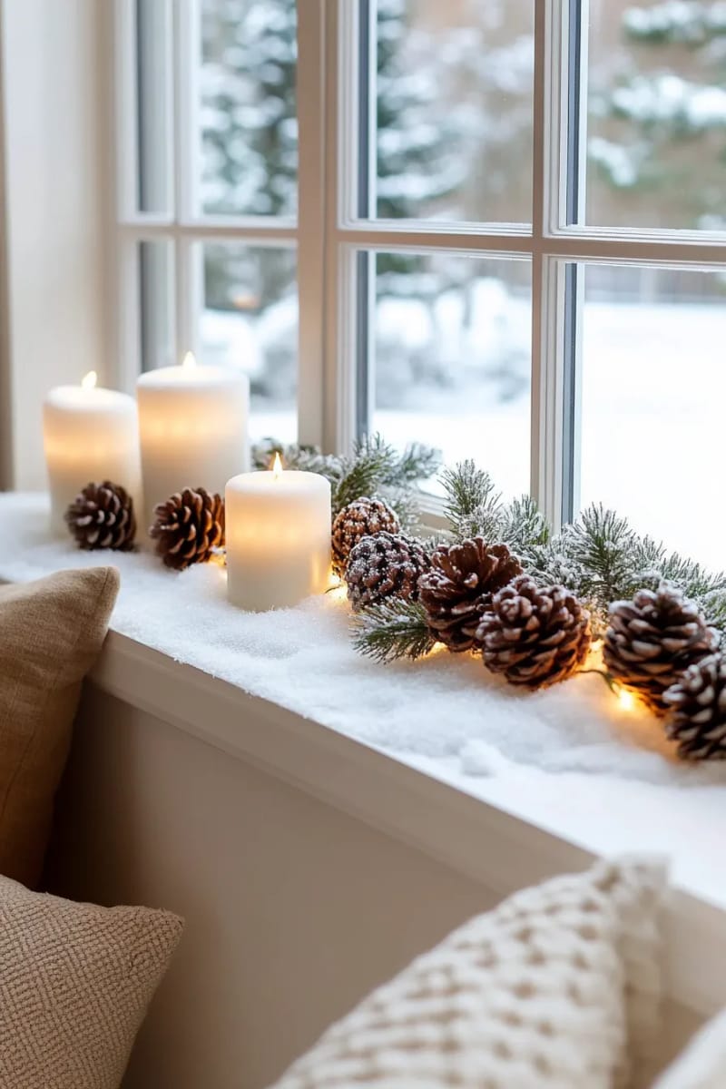 faux snow blanket on windowsill with twinkling fairy lights and pinecones 1