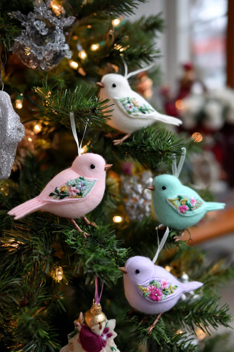 felt bird ornaments in pastel colors with floral embroidery 1