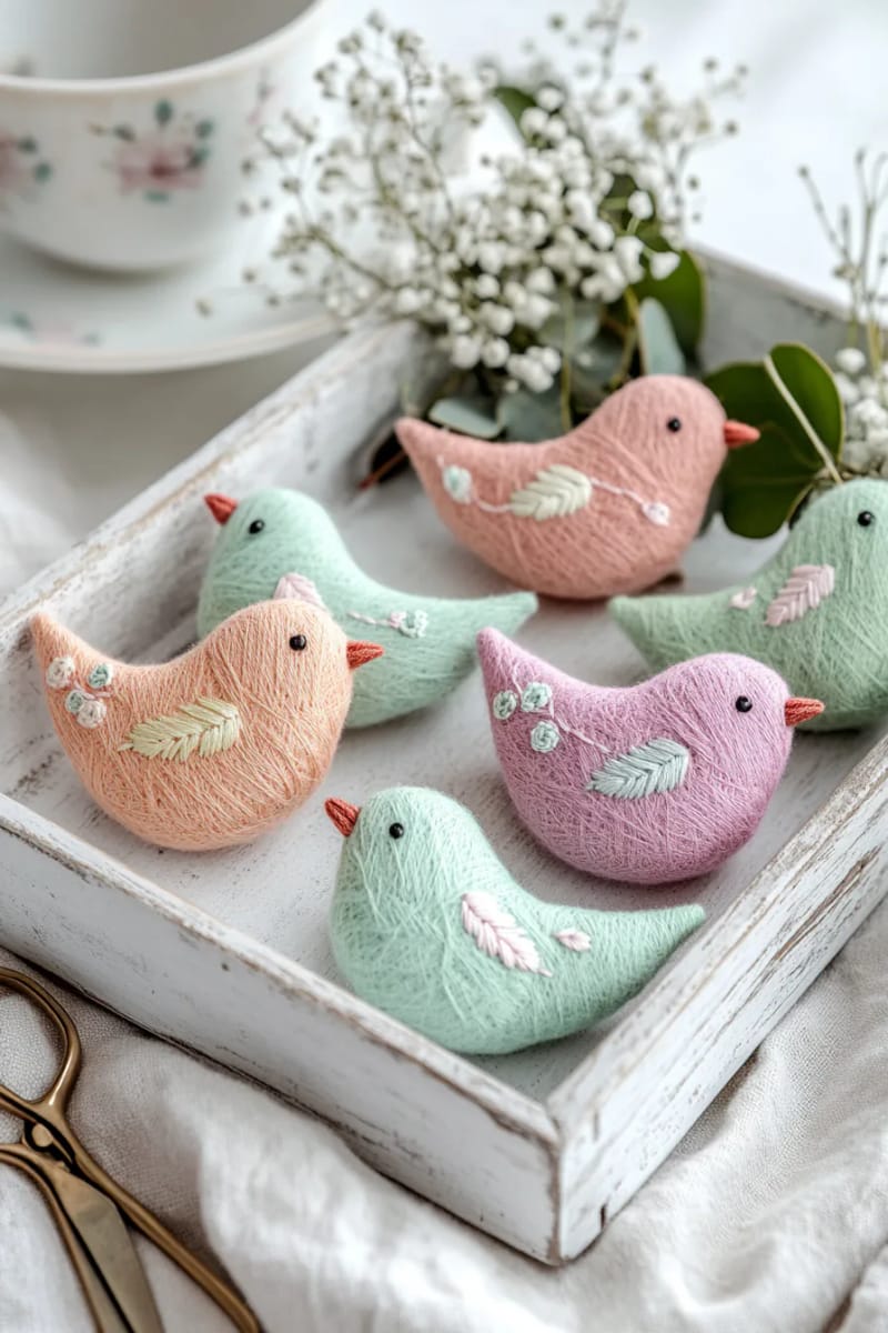 felt bird ornaments in pastel colors with floral embroidery 1