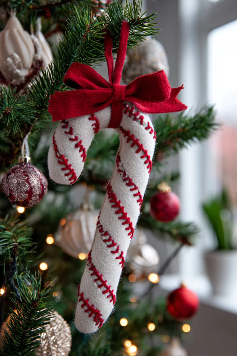 felt candy cane with stitched stripes and tiny red bow 1
