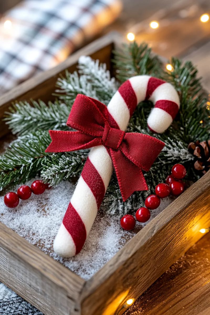felt candy cane with stitched stripes and tiny red bow 1