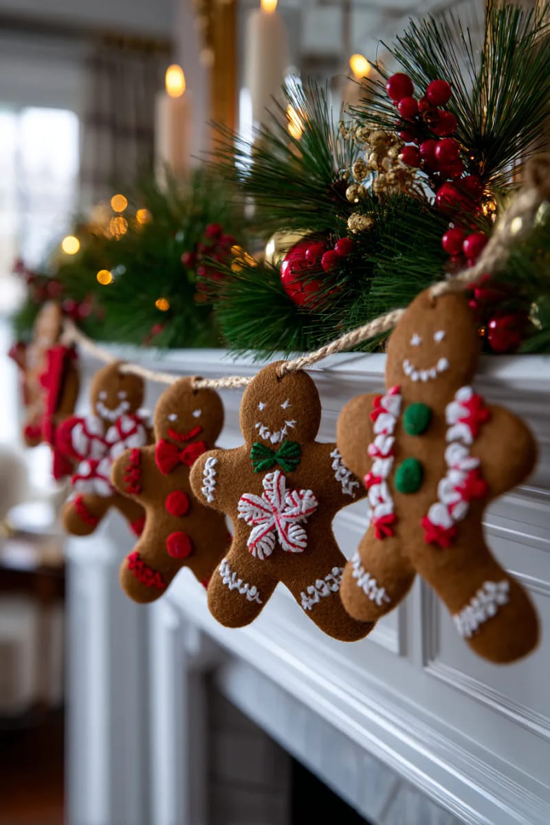 felt gingerbread men garland with stitched candy details 1