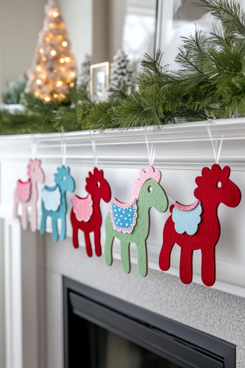 felt red and white dala horse garlands strung above a minimalist fireplace 1