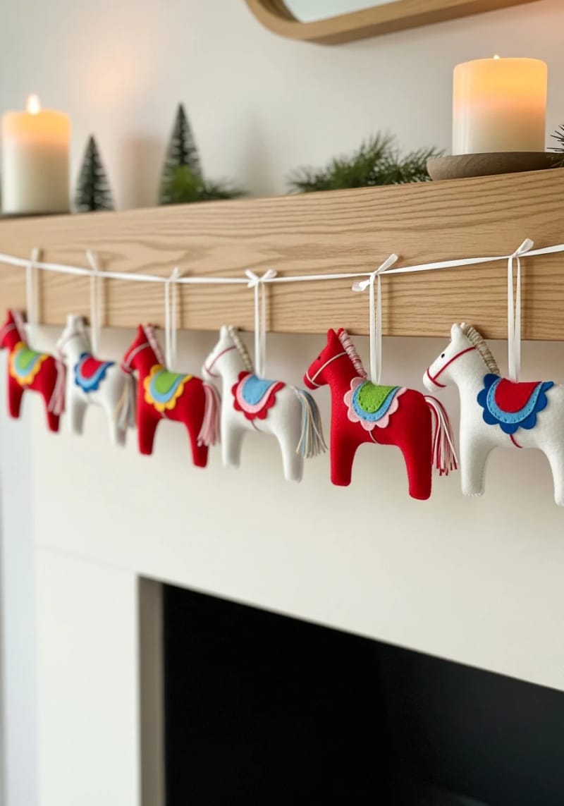 felt red and white dala horse garlands strung above a minimalist fireplace 1