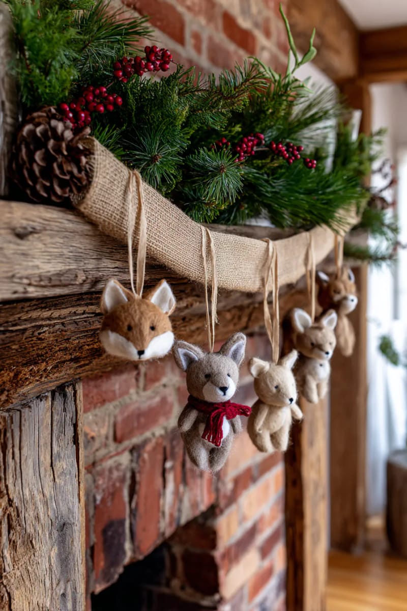 27 Rustic Christmas Decoration Ideas For Your Farmhouse 116 felted wool animal ornaments hanging from burlap ribbon 1