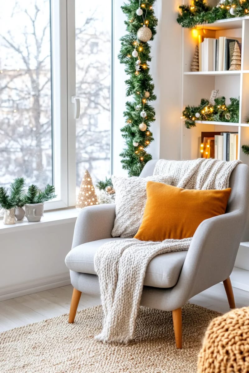 felted wool ornaments and dried berries strung along a cozy reading corner 1