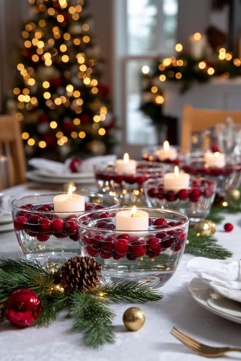 festive centerpiece with floating candles and cranberries in clear glass bowls 1