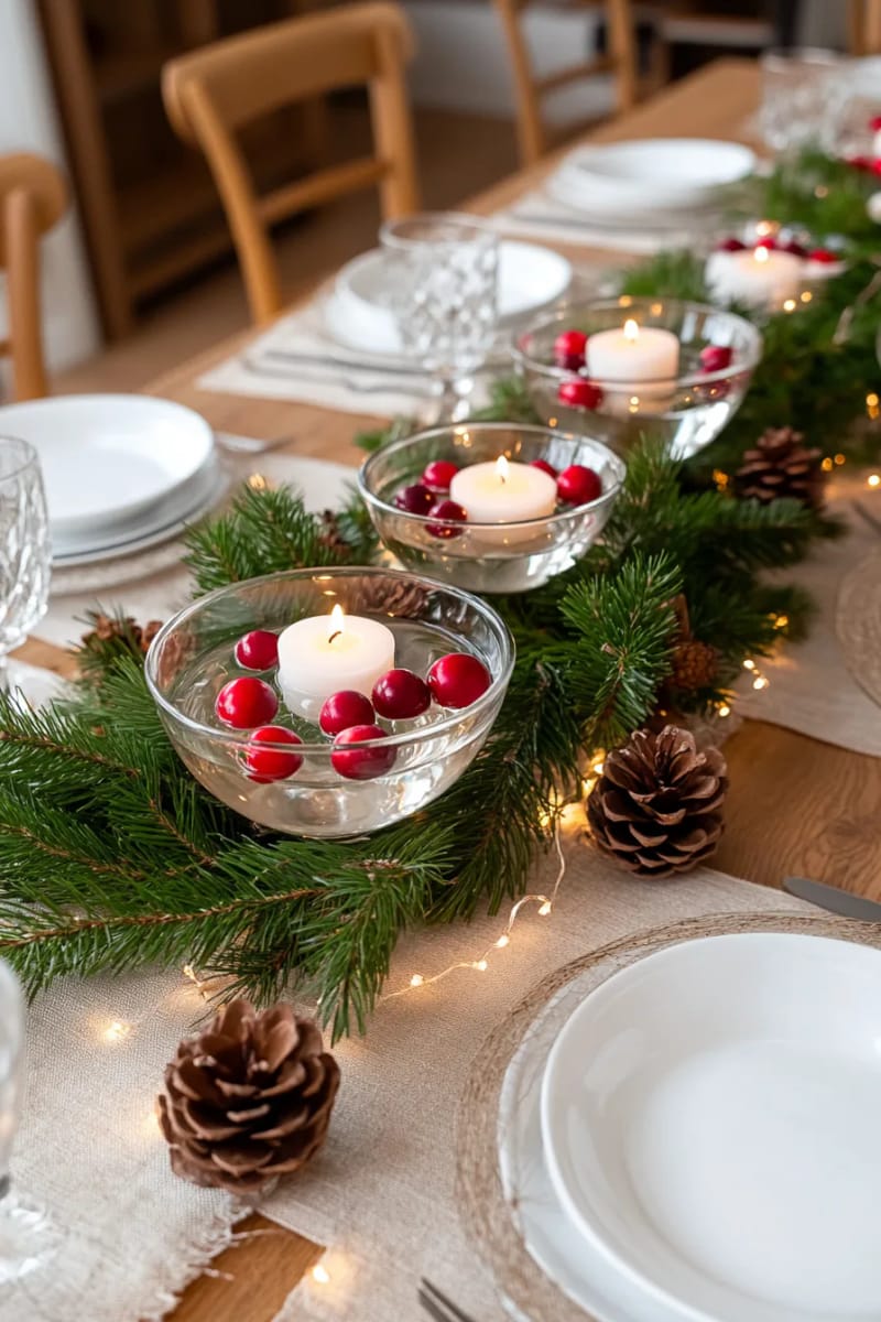 festive centerpiece with floating candles and cranberries in clear glass bowls 1