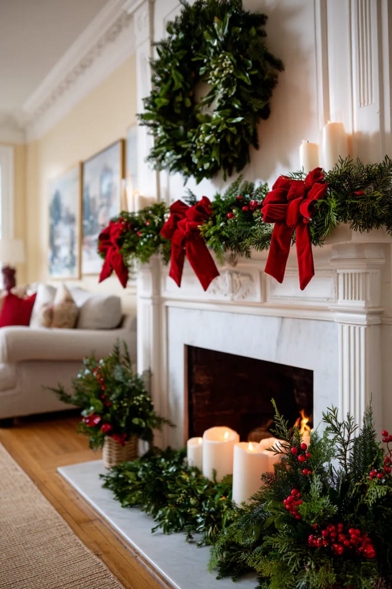 festive red velvet bows on garland with matching wreath above mantel 1