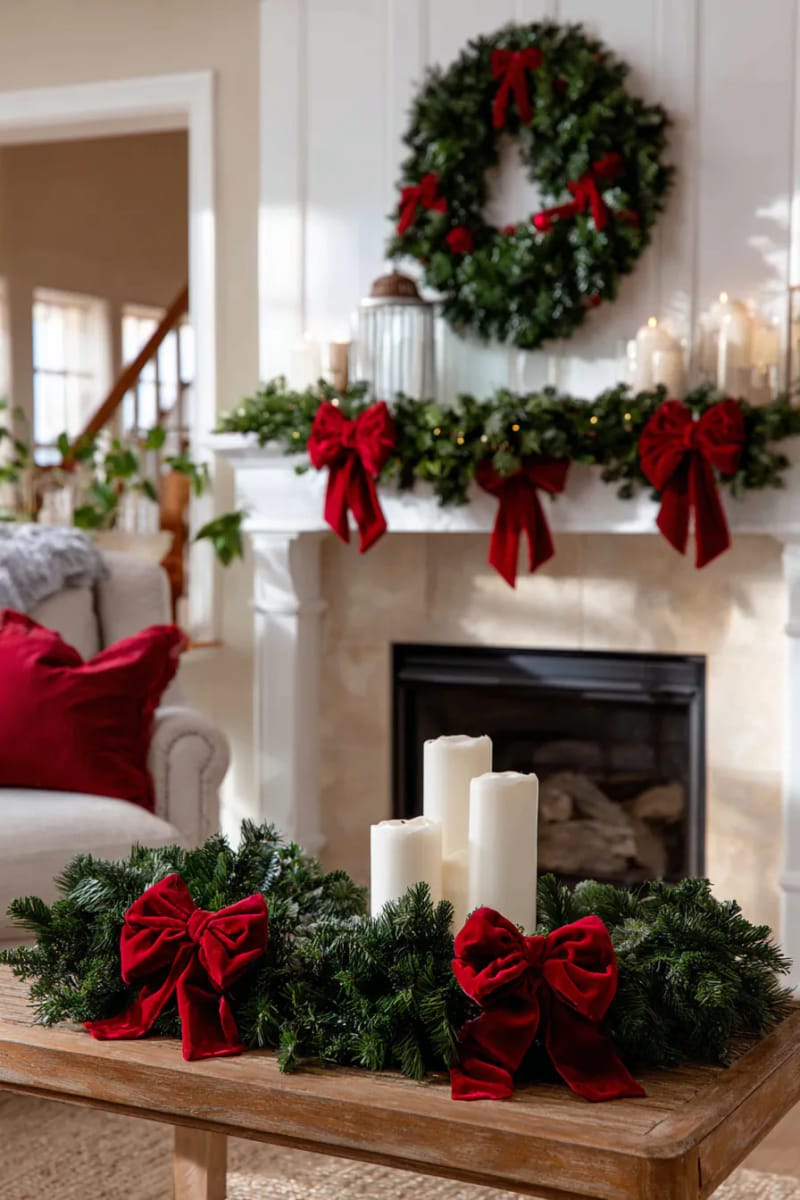 festive red velvet bows on garland with matching wreath above mantel 1