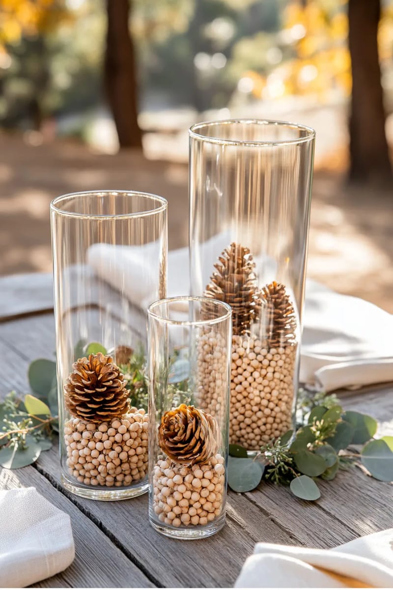 fill clear glass vases with wooden bead garlands and pinecones 1