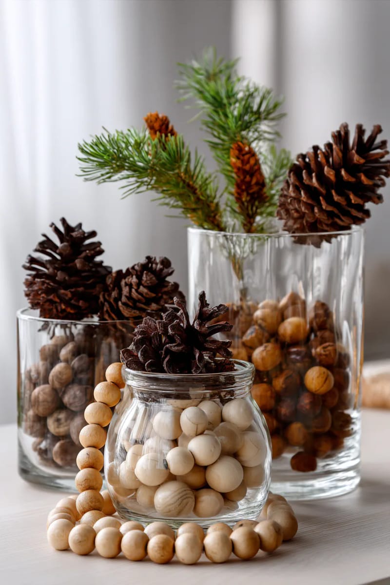 fill clear glass vases with wooden bead garlands and pinecones 1