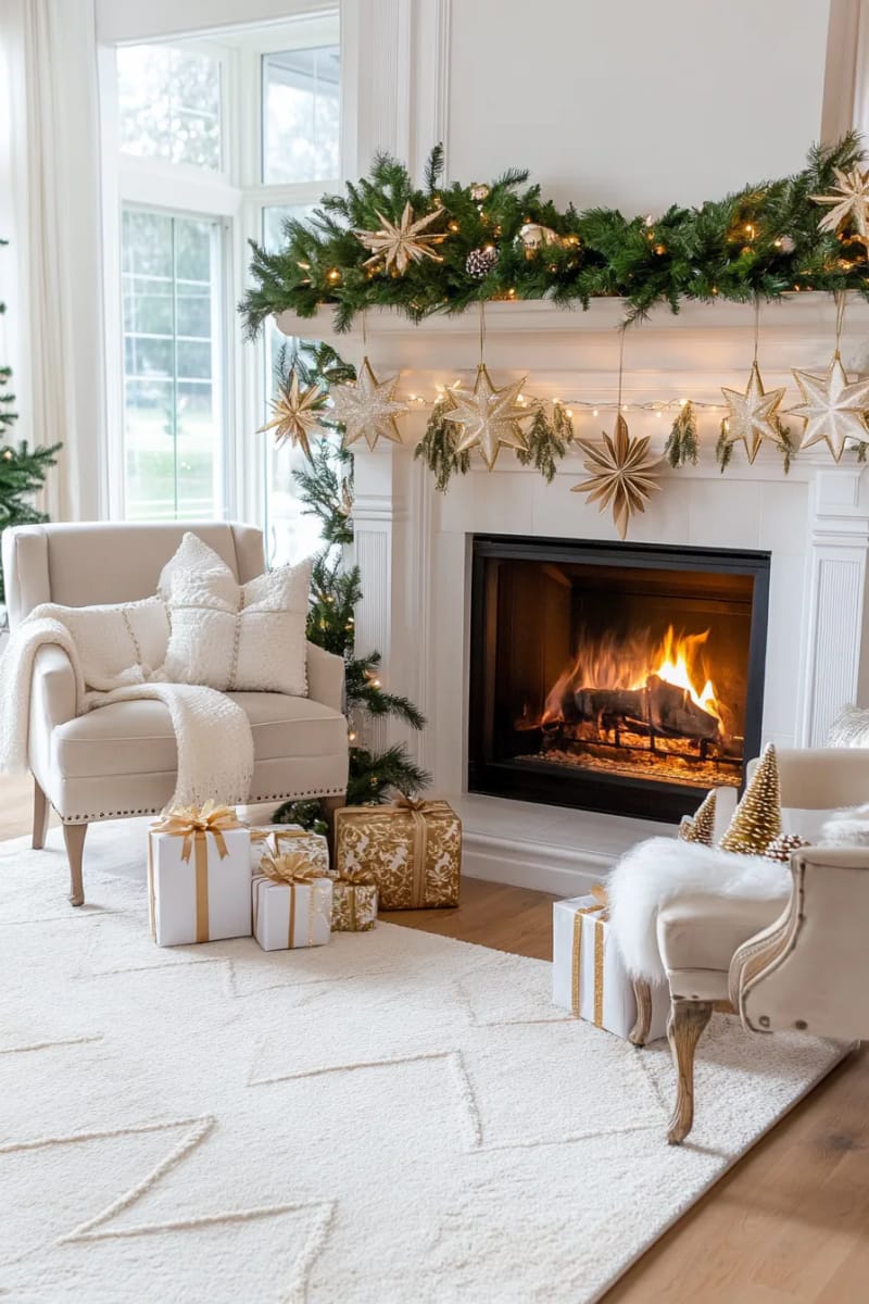 fireplace corner with hanging paper star lanterns in gold and white 1