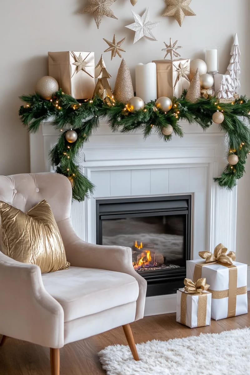 fireplace corner with hanging paper star lanterns in gold and white 1
