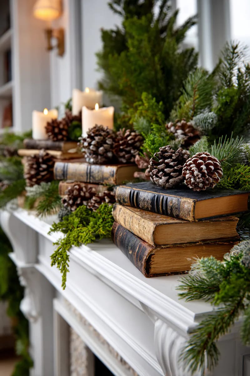fireplace mantel layered with vintage books, pinecones, and greenery 1