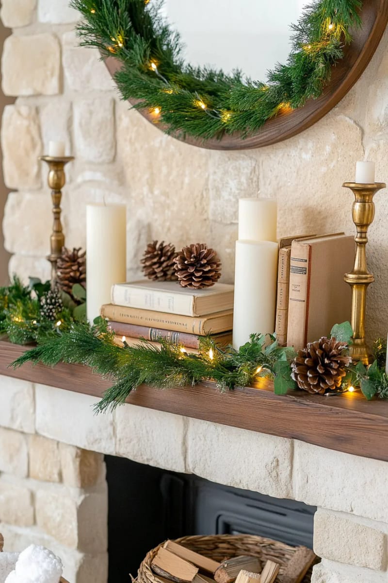 fireplace mantel layered with vintage books, pinecones, and greenery 1