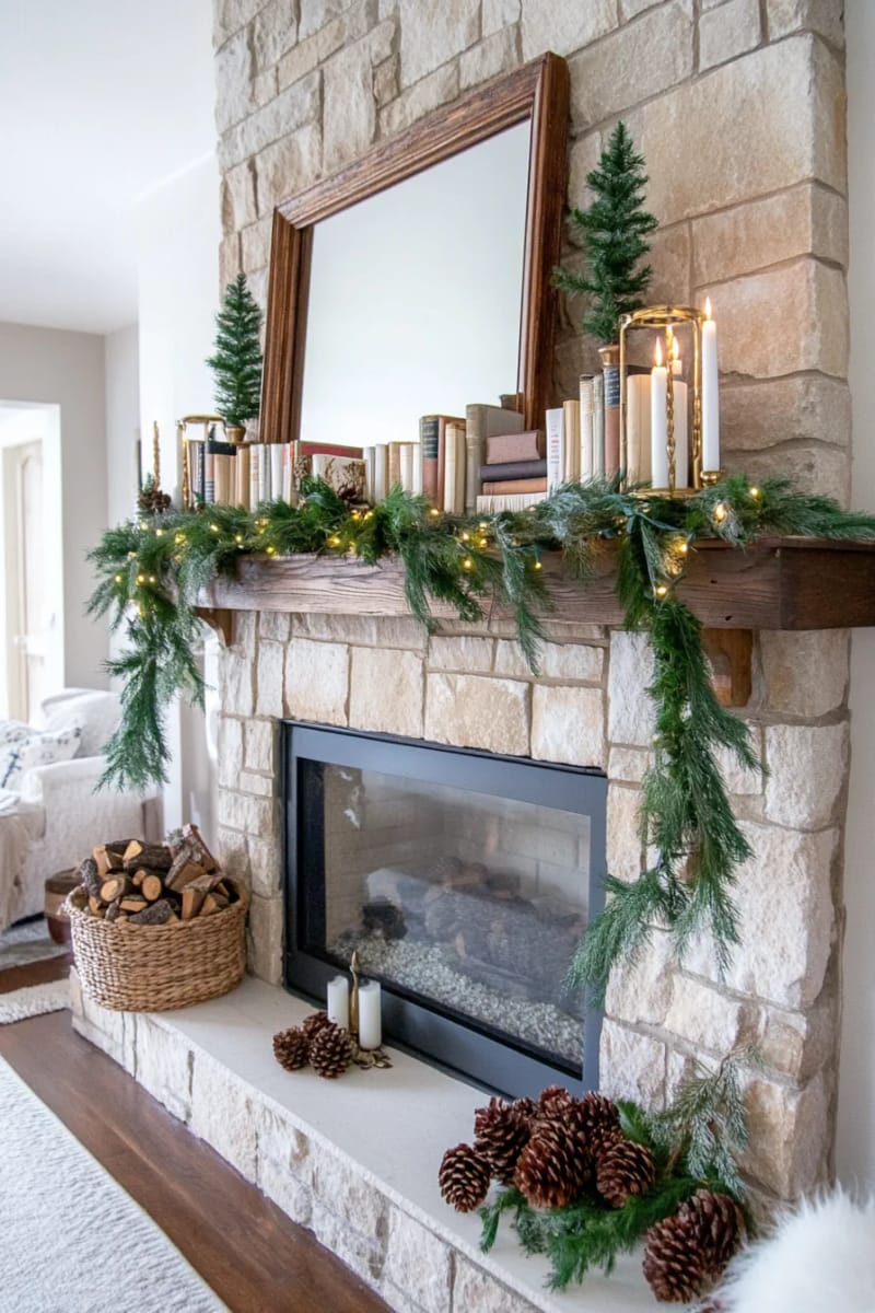 fireplace mantel layered with vintage books, pinecones, and greenery 1