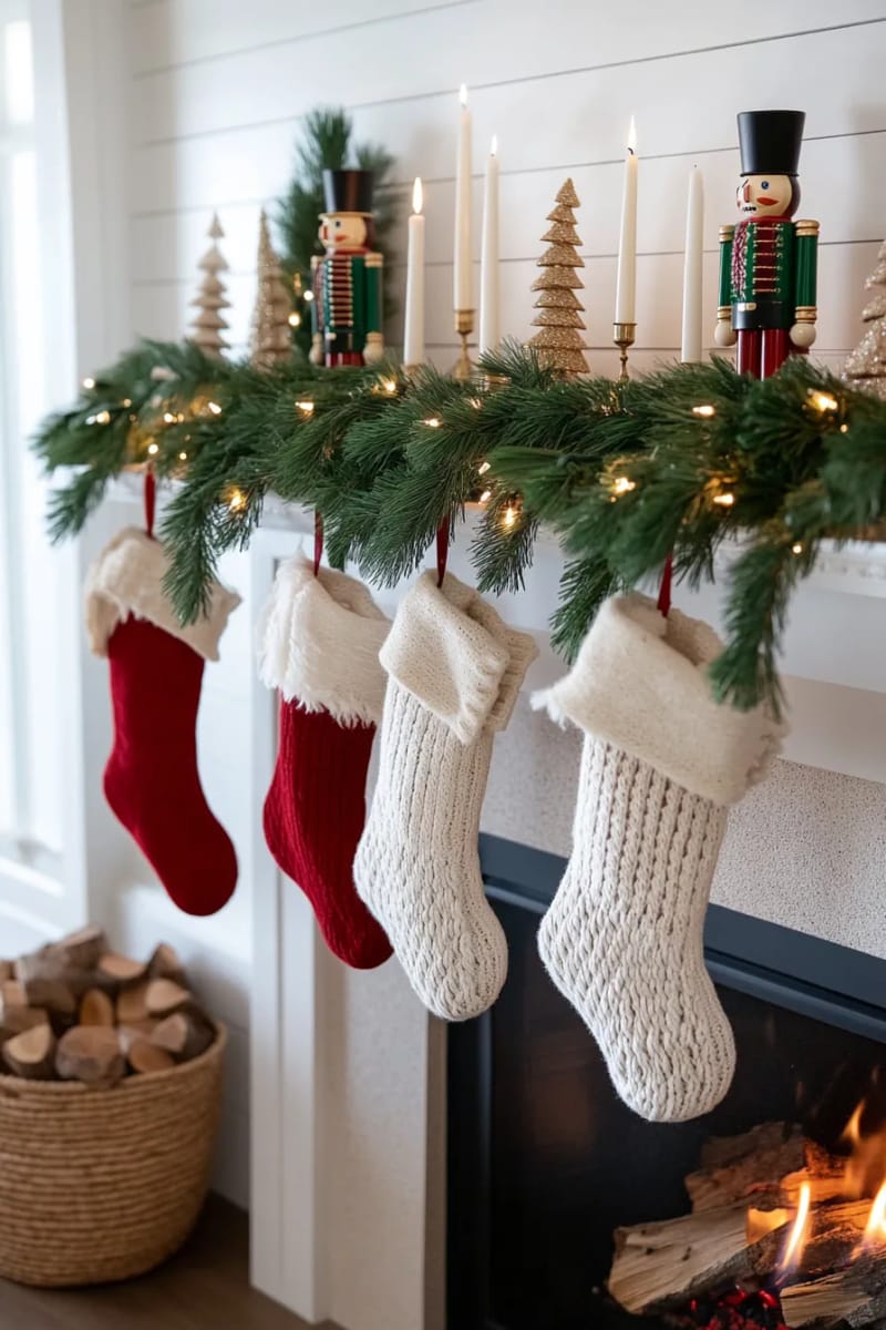fireplace mantle with cascading pine garland and vintage nutcrackers 1