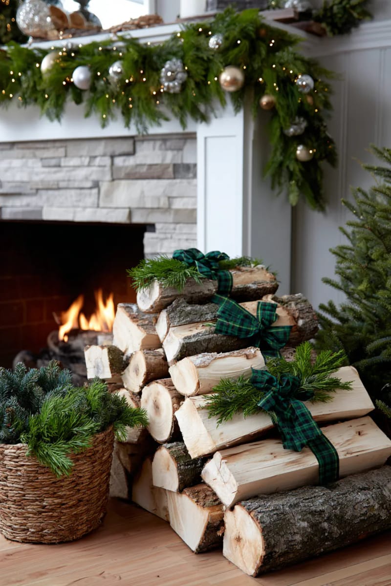 25 Green Christmas Fireplace Decor Ideas for a Fresh and Festive Mantel 48 firewood stack styled with spruce branches and green plaid ribbon 1