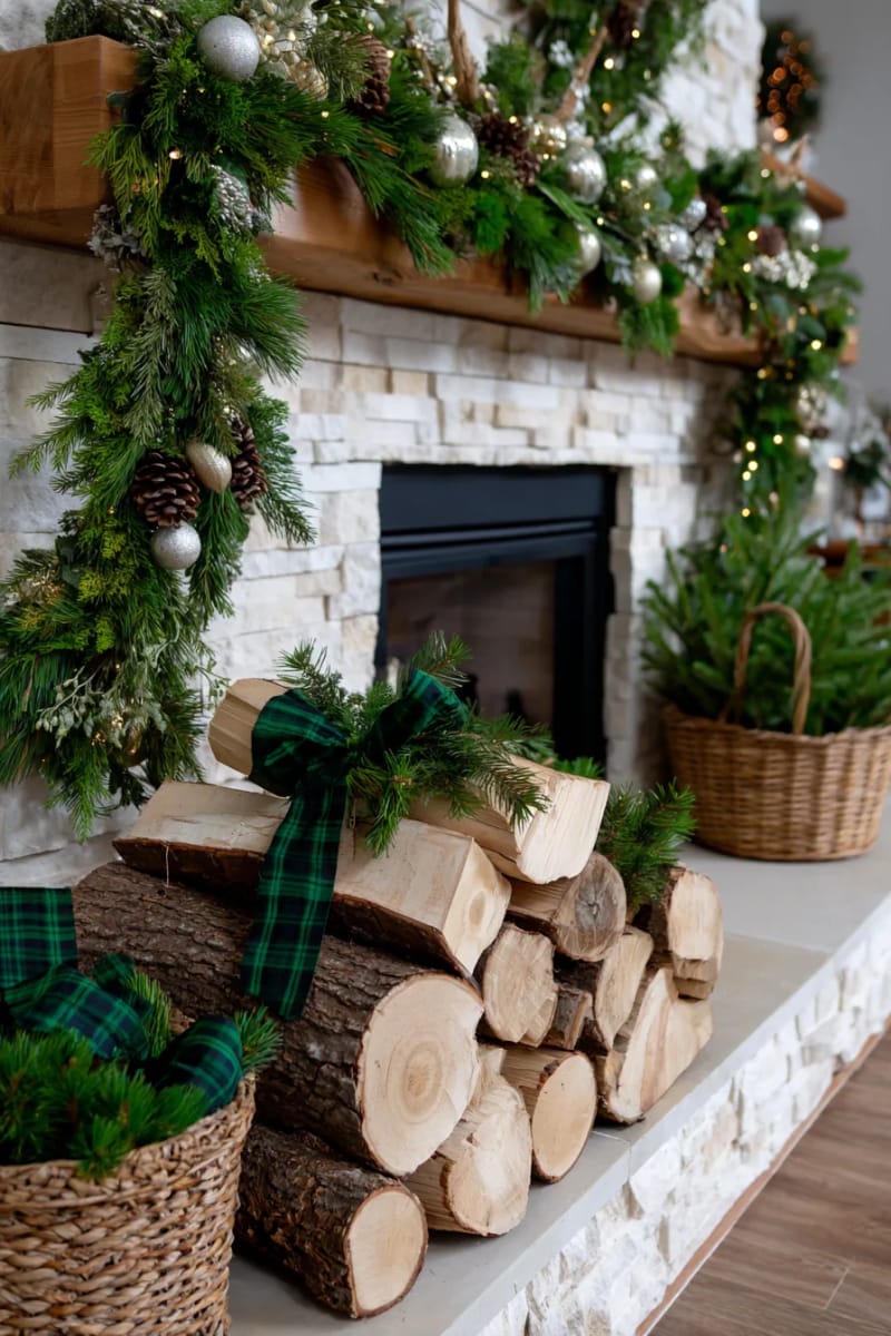 25 Green Christmas Fireplace Decor Ideas for a Fresh and Festive Mantel 49 firewood stack styled with spruce branches and green plaid ribbon 1