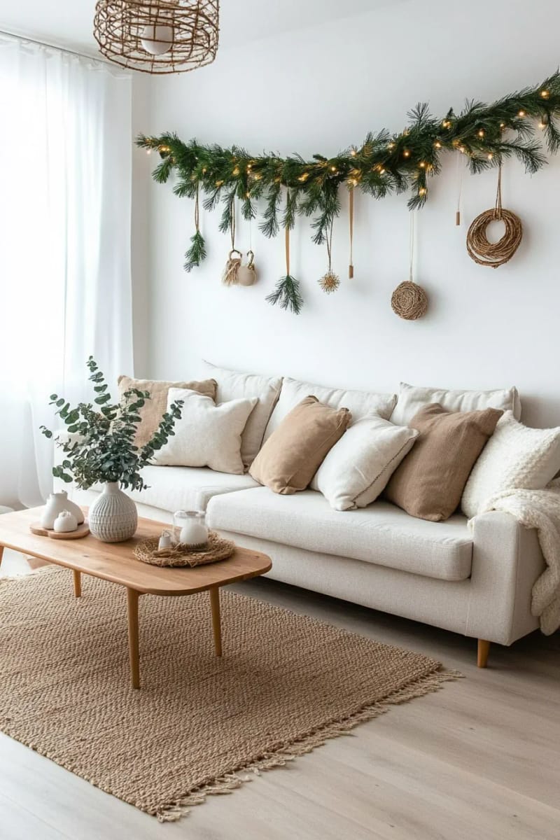 31 Elegant Minimalist Christmas Decor Ideas to Inspire 19 floating pine garlands above a neutral-toned sofa for subtle festivity 1