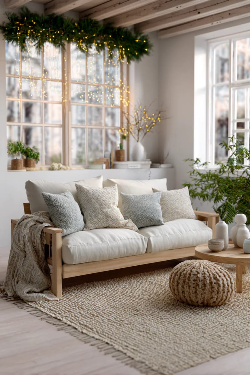 31 Elegant Minimalist Christmas Decor Ideas to Inspire 20 floating pine garlands above a neutral-toned sofa for subtle festivity 1