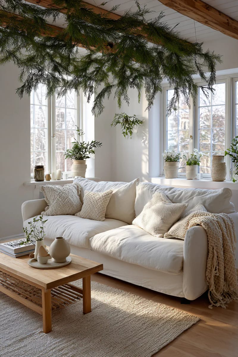 31 Elegant Minimalist Christmas Decor Ideas to Inspire 21 floating pine garlands above a neutral-toned sofa for subtle festivity 1