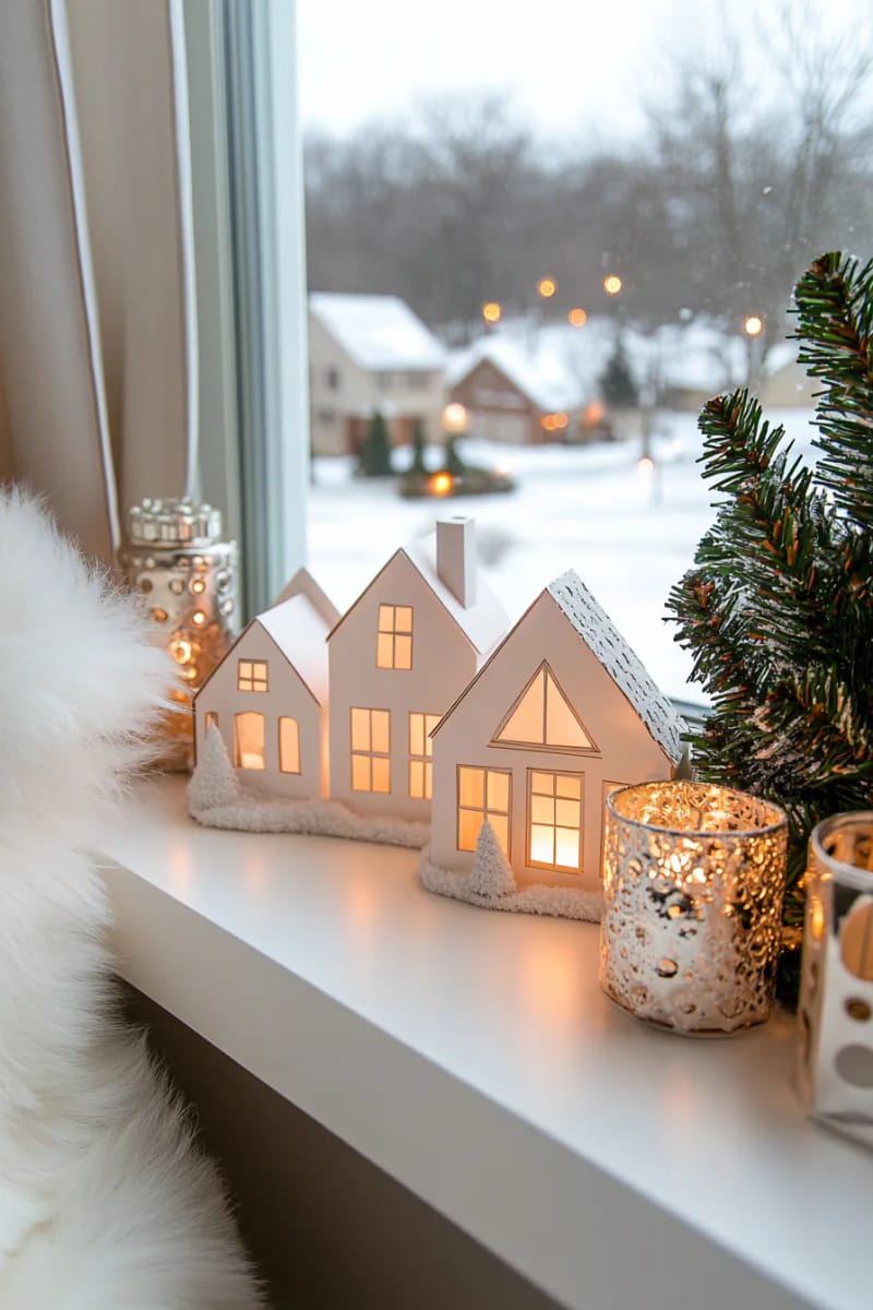 folded paper village in snowy white for window sill decoration 1