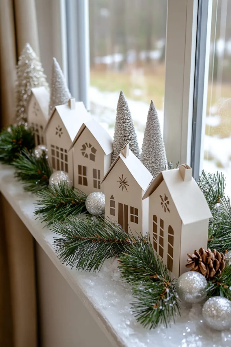 folded paper village in snowy white for window sill decoration 1