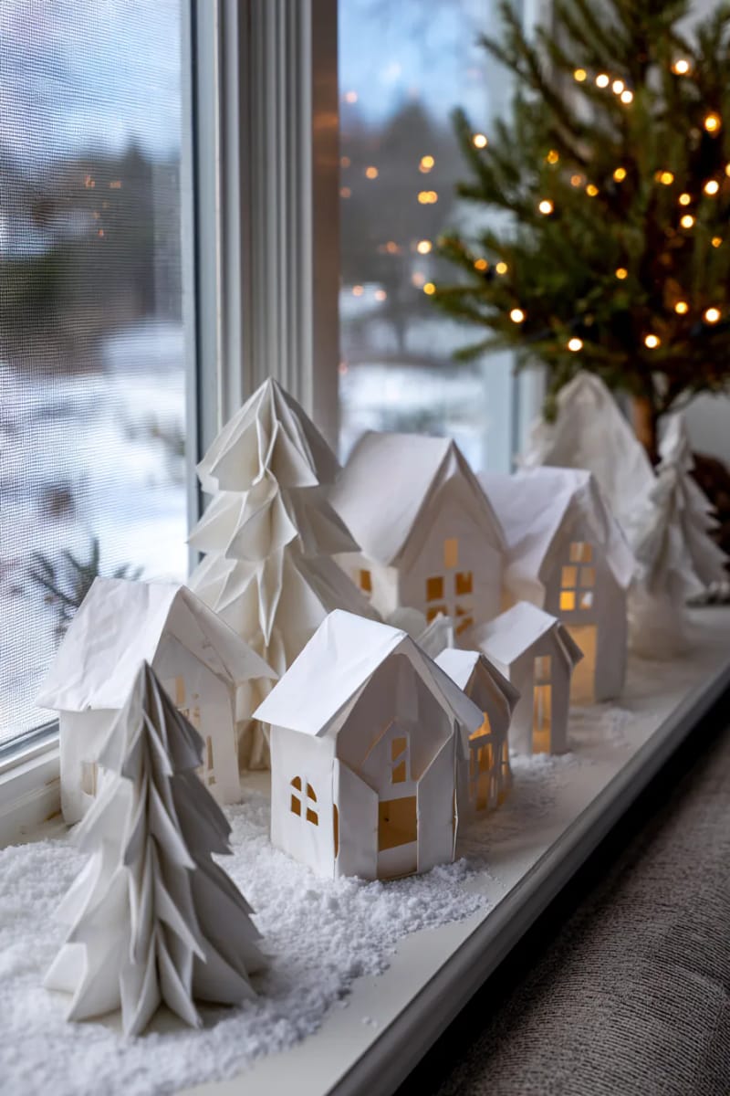 folded paper village in snowy white for window sill decoration 1